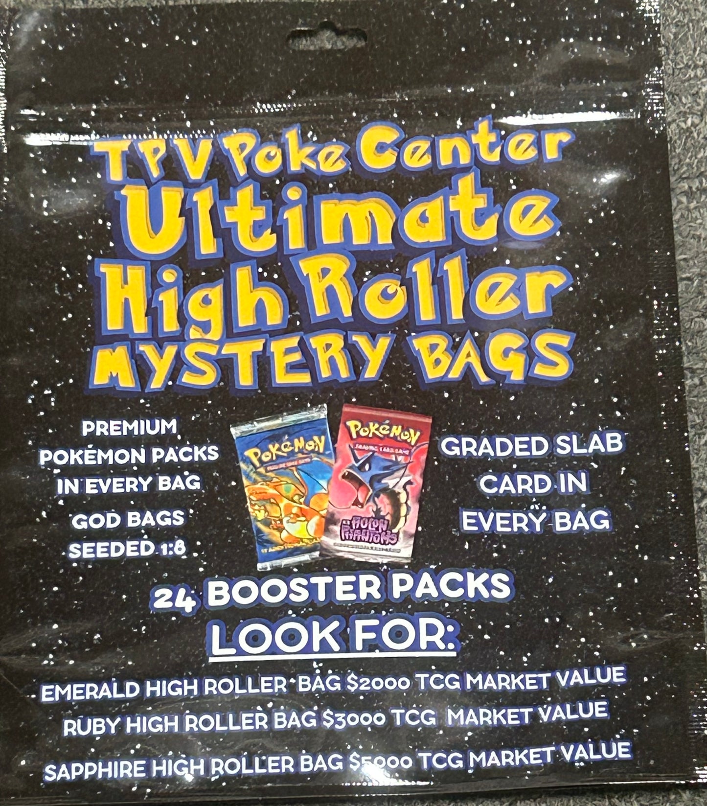 TPV POKE CENTER ULTIMATE HIGH ROLLER MYSTERY BAG CASE (8 BAGS) . 24 PACKS PER BAG PACKS. 1 SLAB TOP CHASE 5K