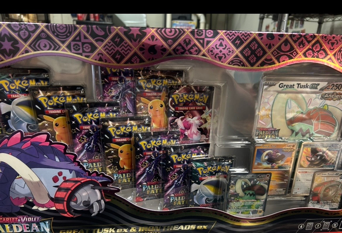 PALDEAN FATES GREAT TUSK AND IRON TREADS PREMIUM BOX. 11 PACKS