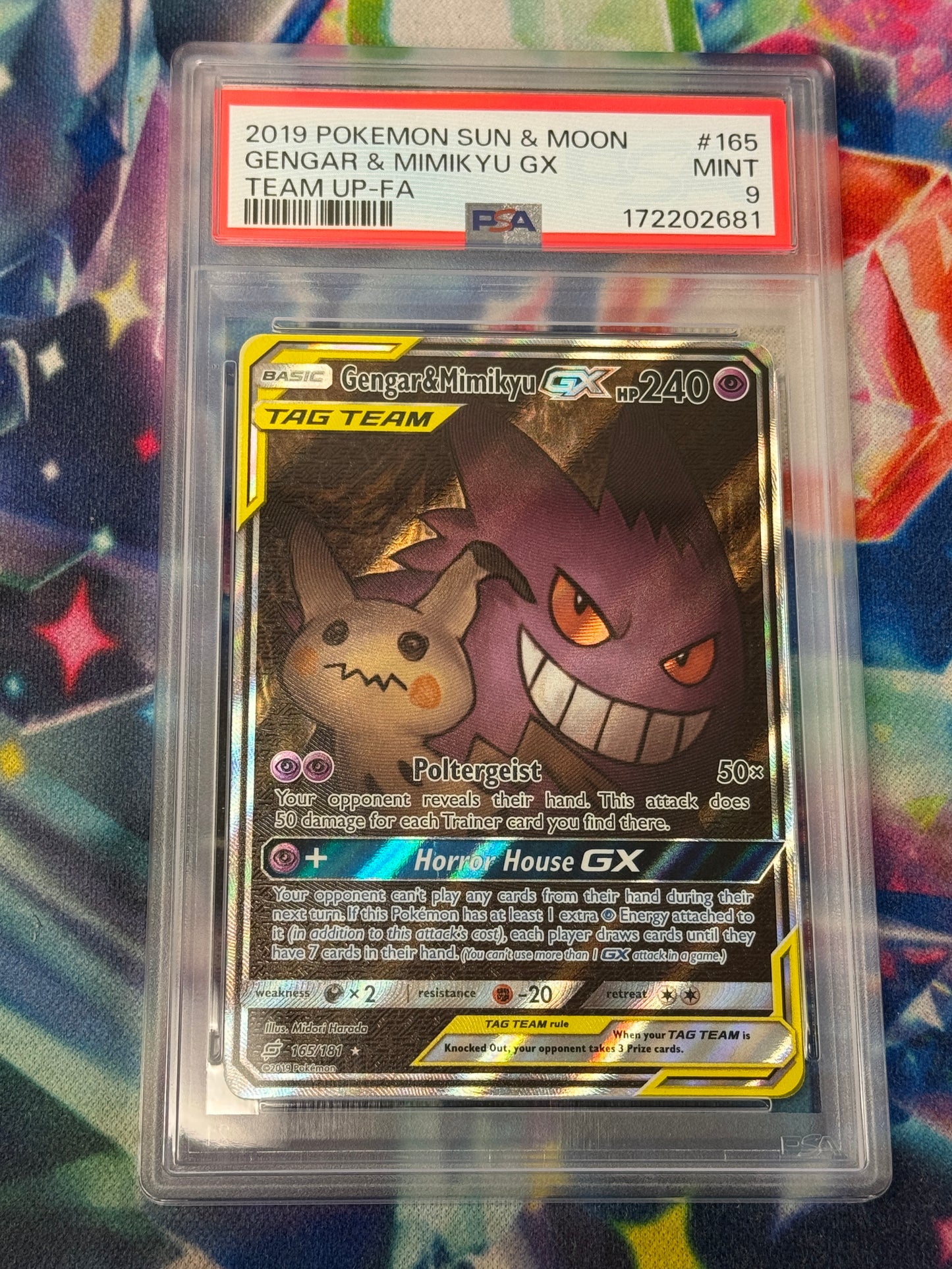 2019 TEAM UP FULL ART GENGAR & MIMIKYU GX  #165  PSA 9 PK1020